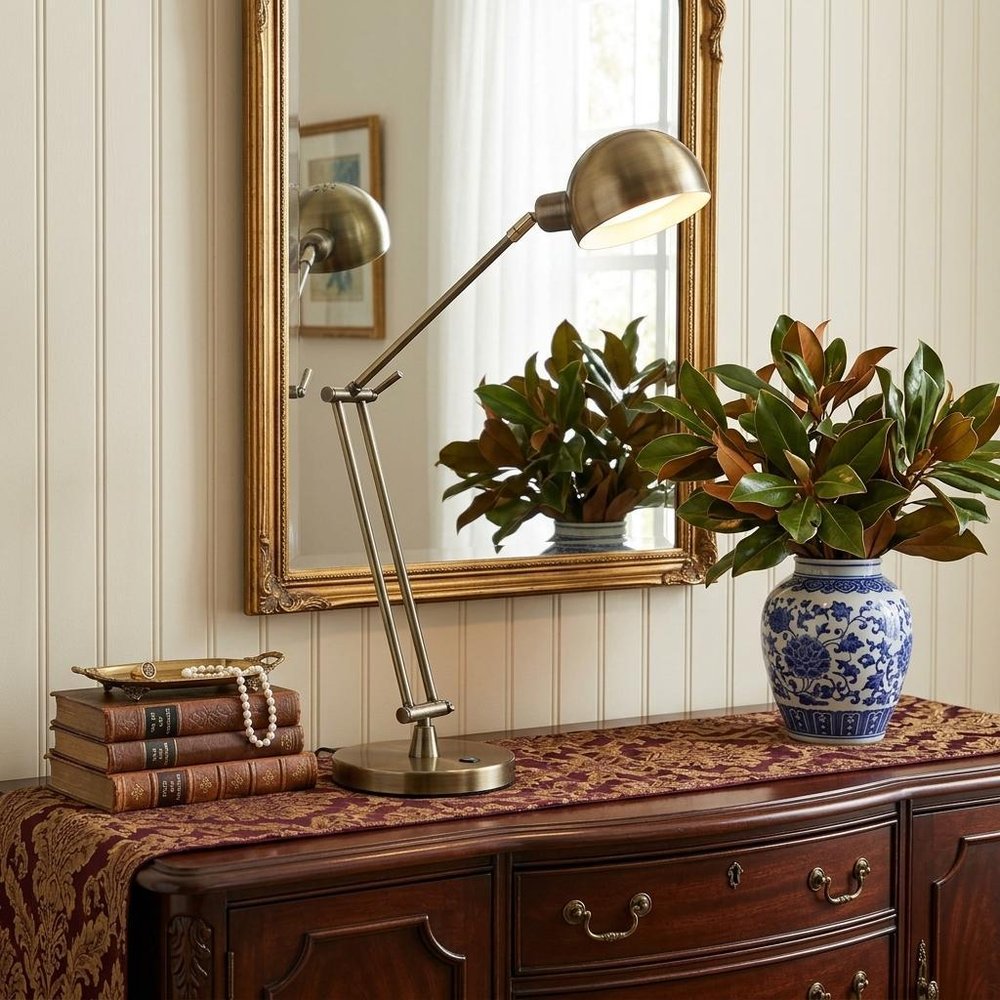 Shiny Satin Brass LED Adjustable Desk Lamp in a home interior