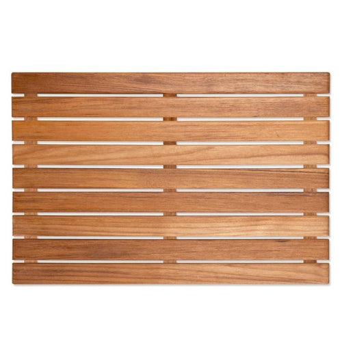 Rectangular teak wood shower bath mat with horizontal slats and a natural wood finish on a white background.