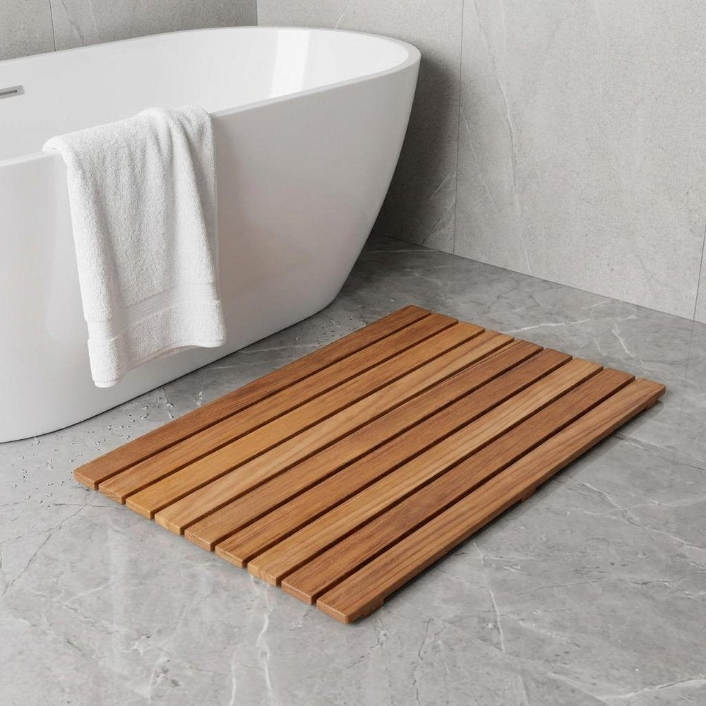20" Premium Teak Shower Bath Mat. Bath rug isolated on a plain white background, showing a brown teak surface.