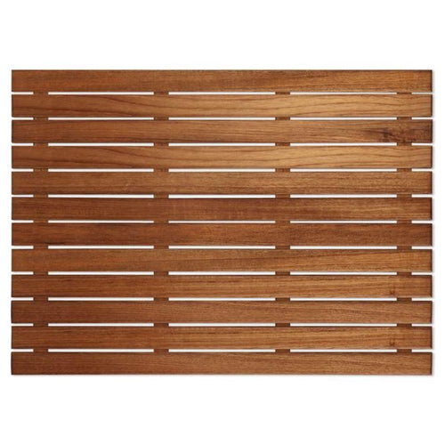 Rectangular teak wood shower mat with horizontal slats and white spacers, set against a white background.