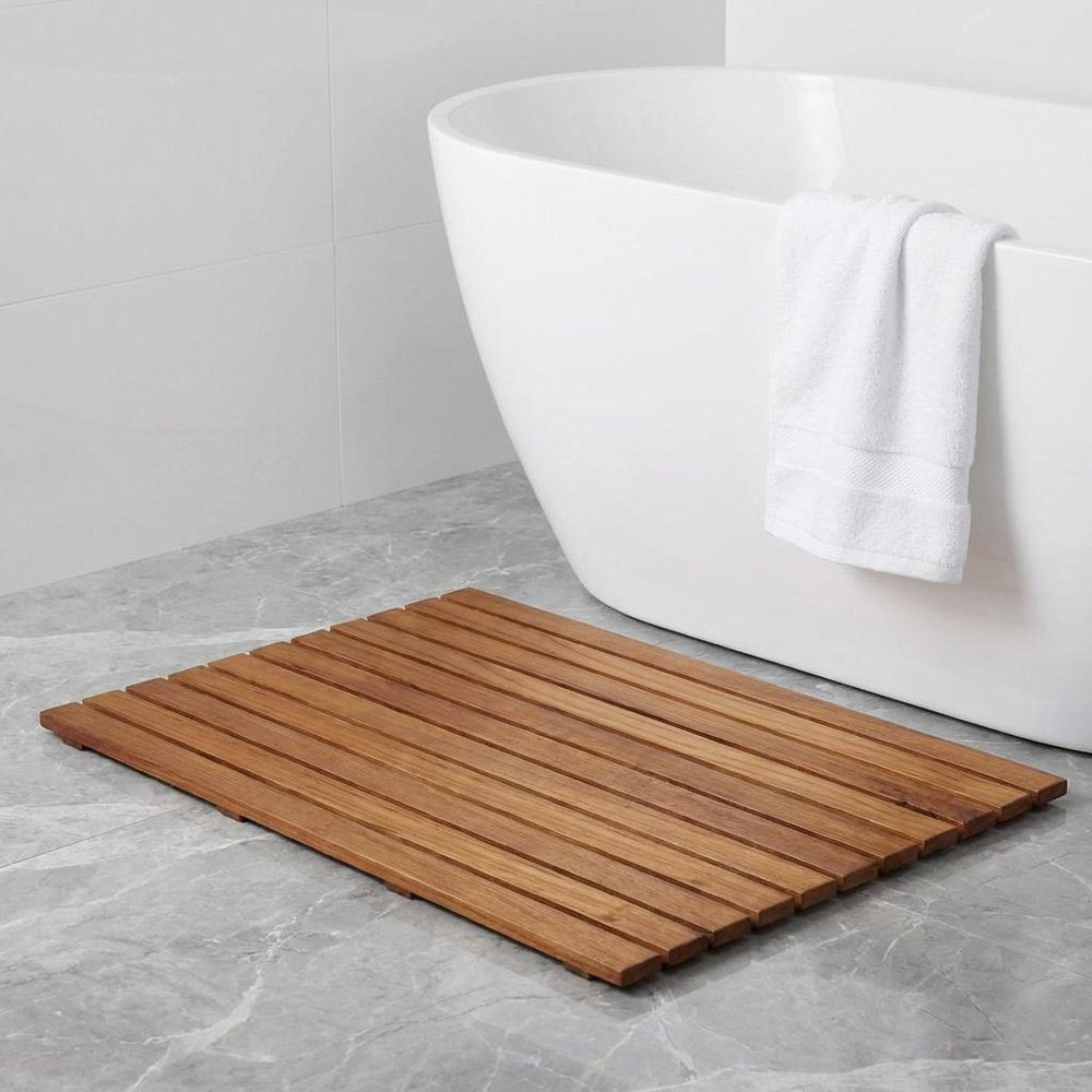 25" Premium Teak Shower Bath Mat. Bath rug isolated on a plain white background, in a brown teak finish.