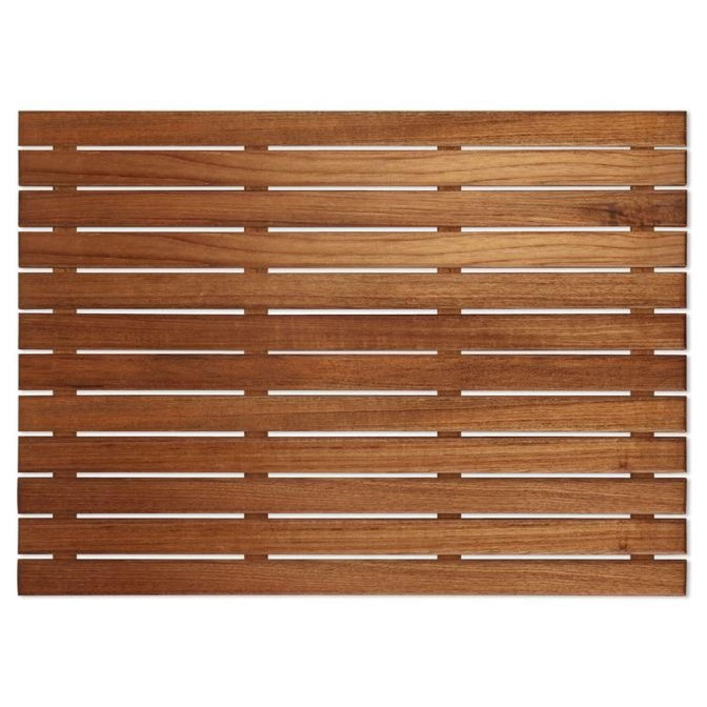 25" Premium Teak Shower Bath Mat. Bath rug isolated on a plain white background, in a brown teak finish.