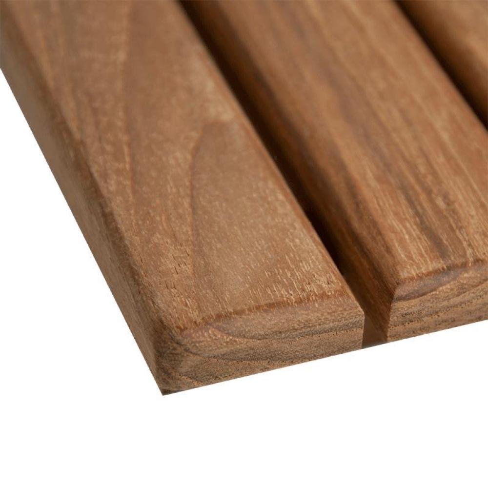 25" Premium Teak Shower Bath Mat. Bath rug isolated on a plain white background, in a brown teak finish.