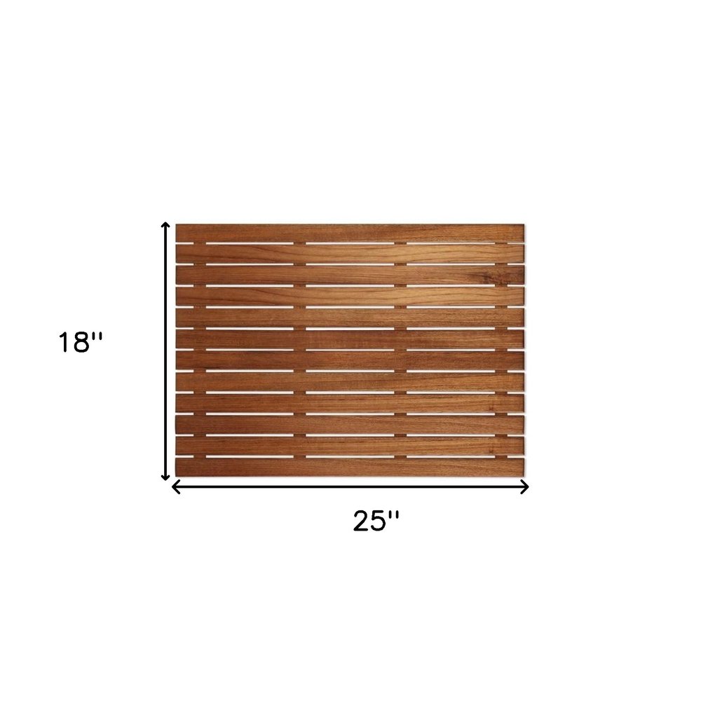 25" Premium Teak Shower Bath Mat. Bath rug isolated on a plain white background, in a brown teak finish.