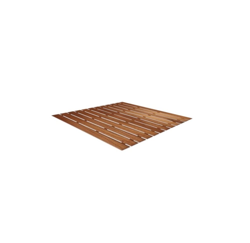 25" Premium Teak Shower Bath Mat. Bath rug isolated on a plain white background, showing a brown teak surface.