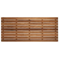 Rectangular teak wood shower mat with slatted surface and white gaps, on a white background.