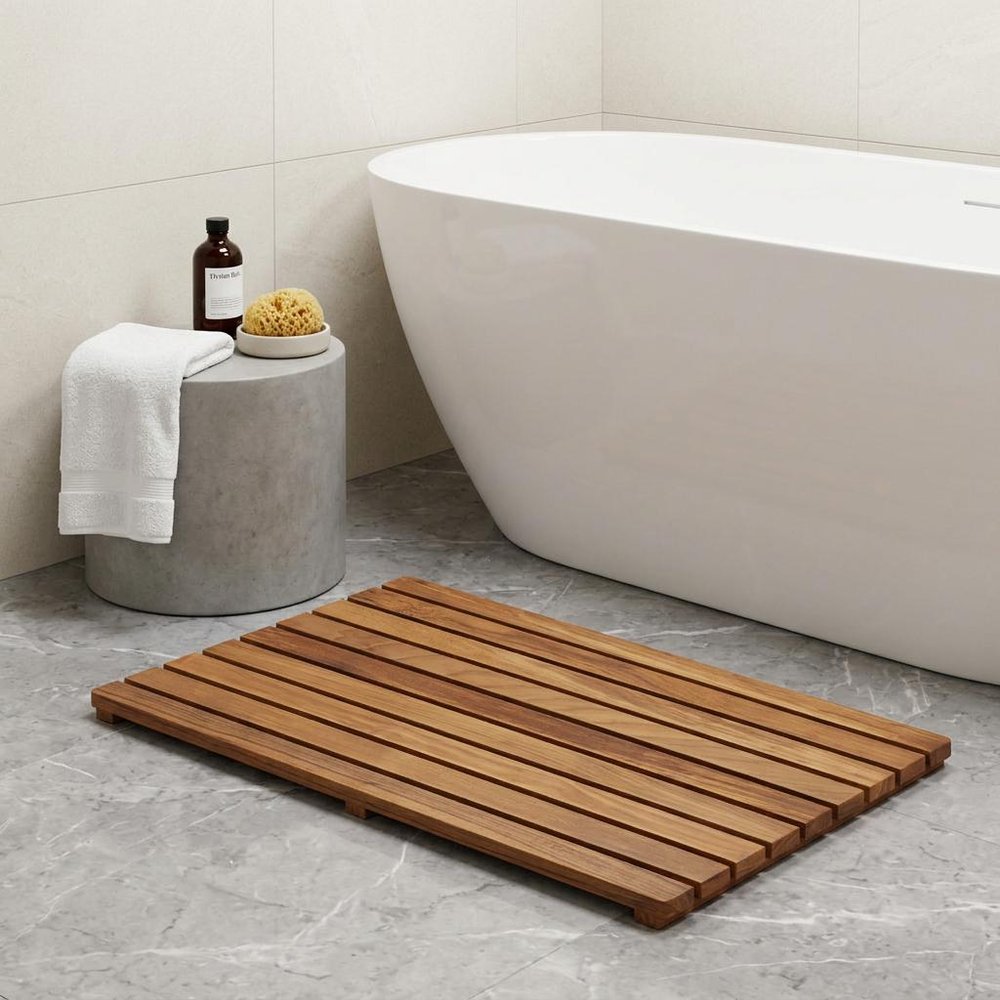 32" Premium Teak Shower Bath Mat. Bath rug isolated on a plain white background, showing a brown teak surface.