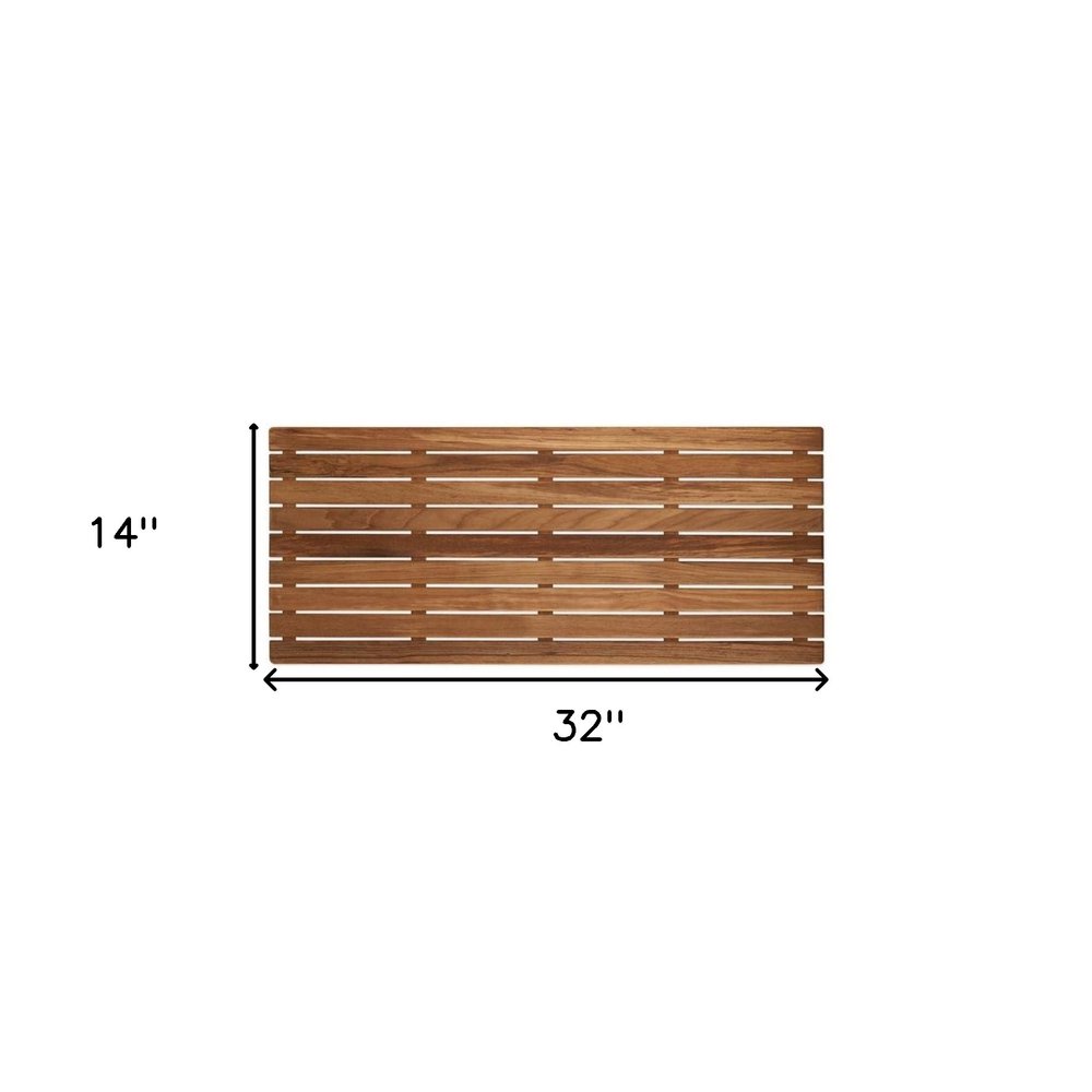 32" Premium Teak Shower Bath Mat. Bath rug isolated on a plain white background, finished in brown teak.
