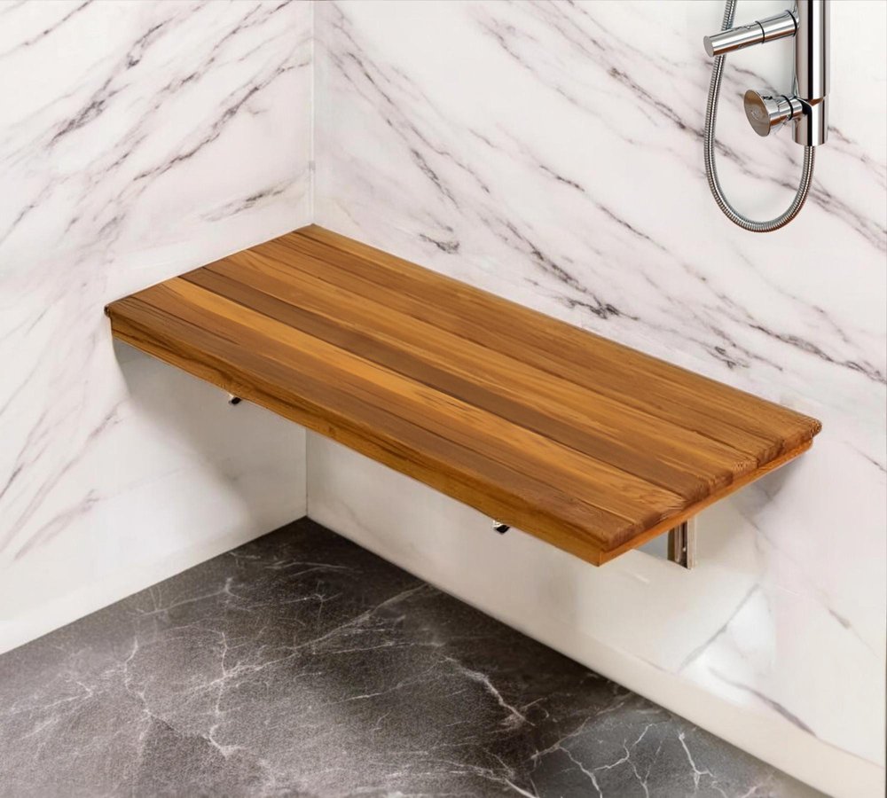 24" Premium Wall Mount Teak Shower Bench. Shower bench isolated on a plain white background, in a brown teak finish.