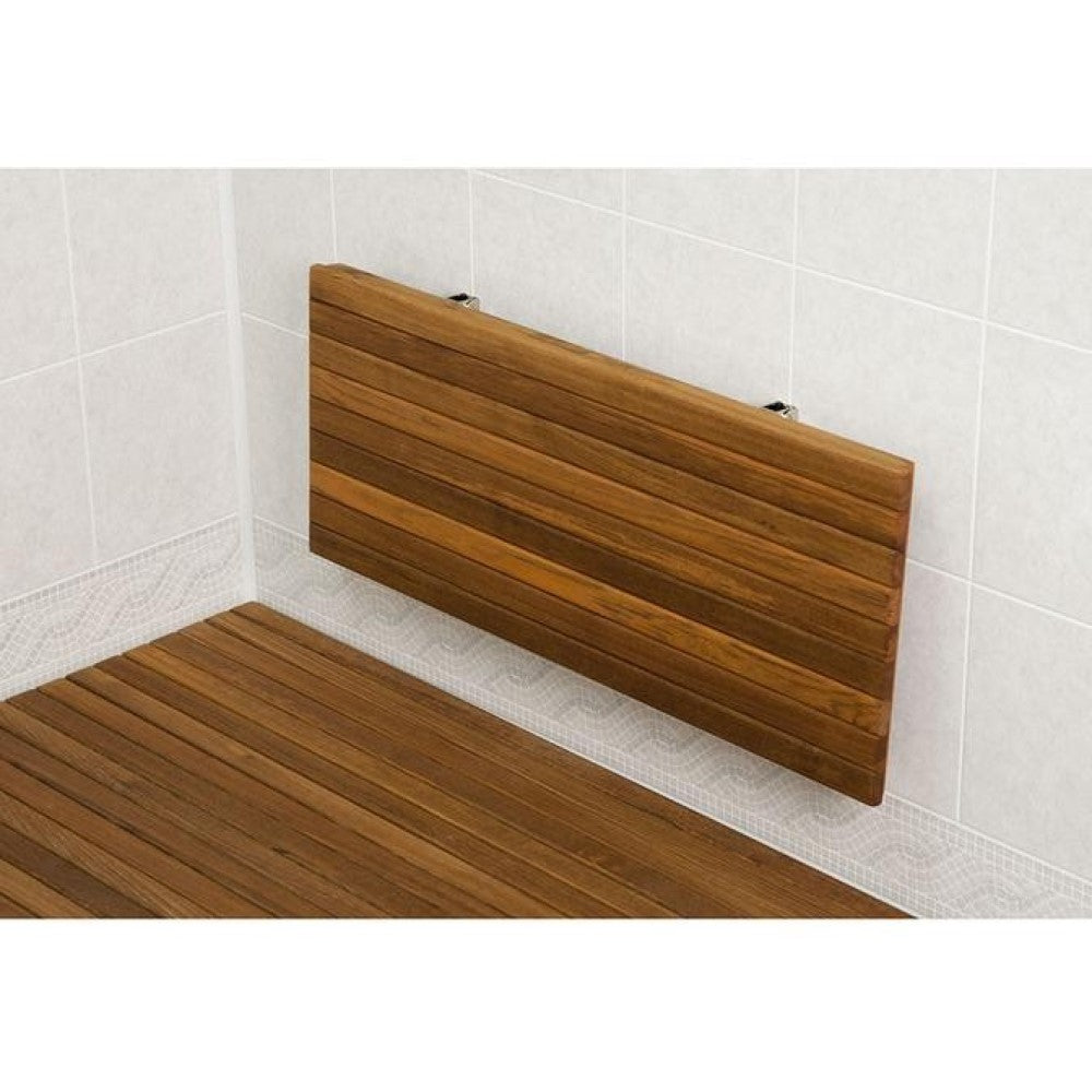 24" Premium Wall Mount Teak Shower Bench. Shower bench isolated on a plain white background, in a brown teak finish.