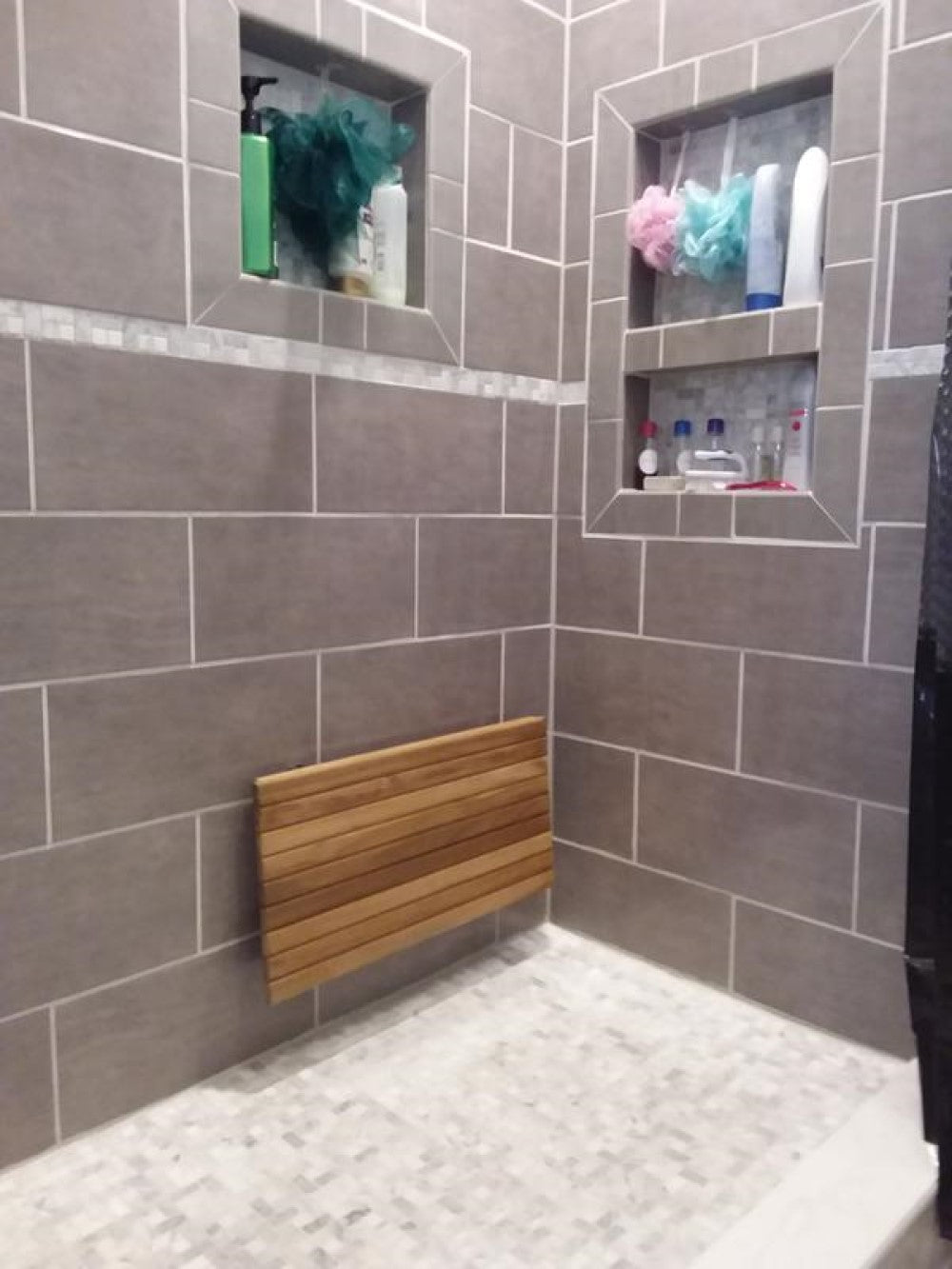 24" Premium Wall Mount Teak Shower Bench. Shower bench isolated on a plain white background, in a brown teak finish.