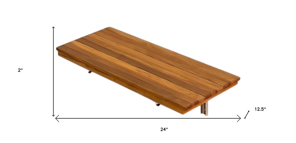 24" Premium Wall Mount Teak Shower Bench. Shower bench isolated on a plain white background, finished in brown teak.