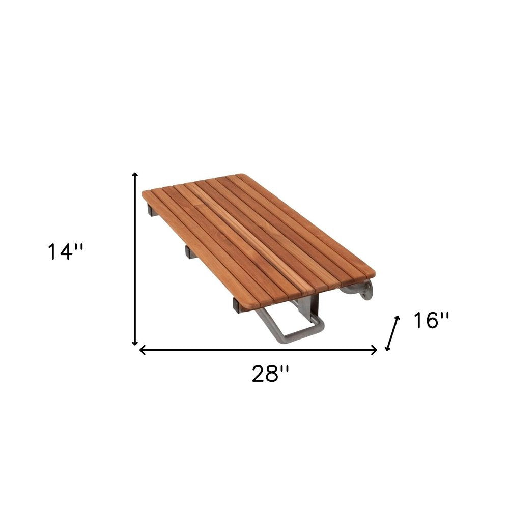 28" Brown Premium Wall Mount Teak Shower Bench. Shower bench isolated on a plain white background, finished in brown teak.