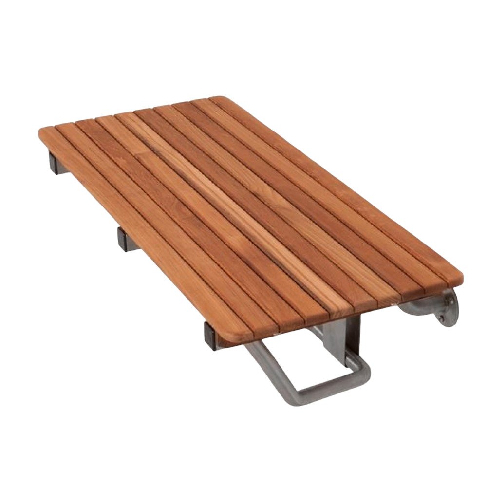 28" Brown Premium Wall Mount Teak Shower Bench. Shower bench isolated on a plain white background, in a brown teak finish.