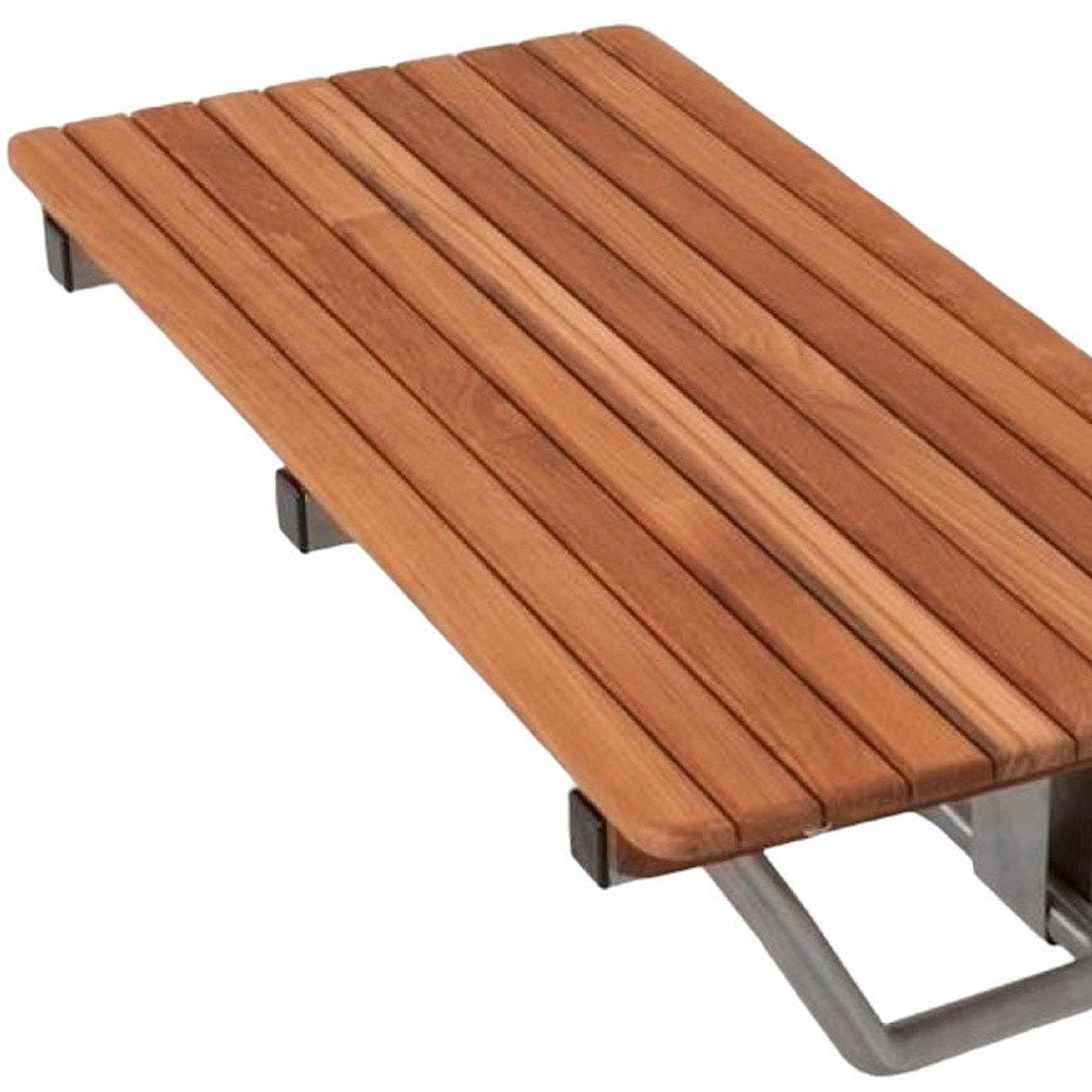 28" Brown Premium Wall Mount Teak Shower Bench. Shower bench isolated on a plain white background, showing a brown teak surface.