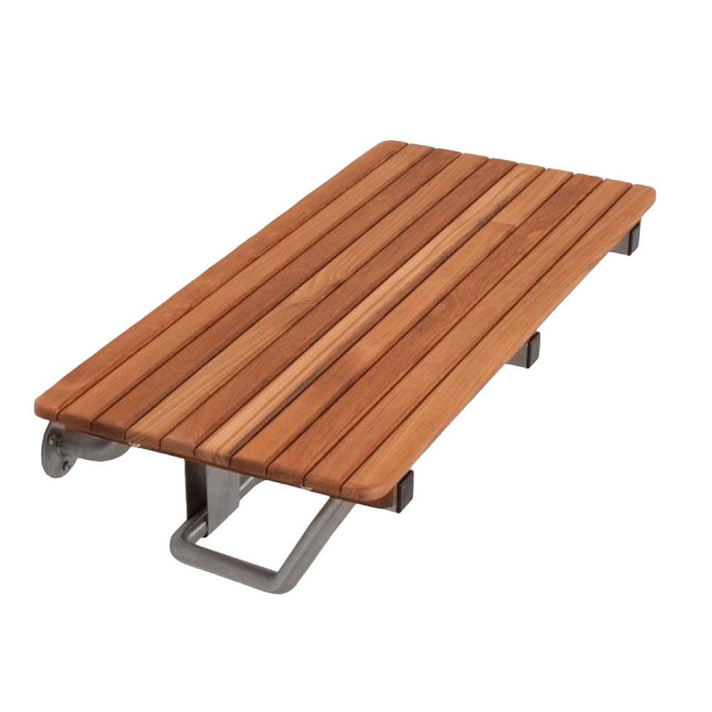 28" Brown Premium Wall Mount Teak Shower Bench. Shower bench isolated on a plain white background, in a brown teak finish.