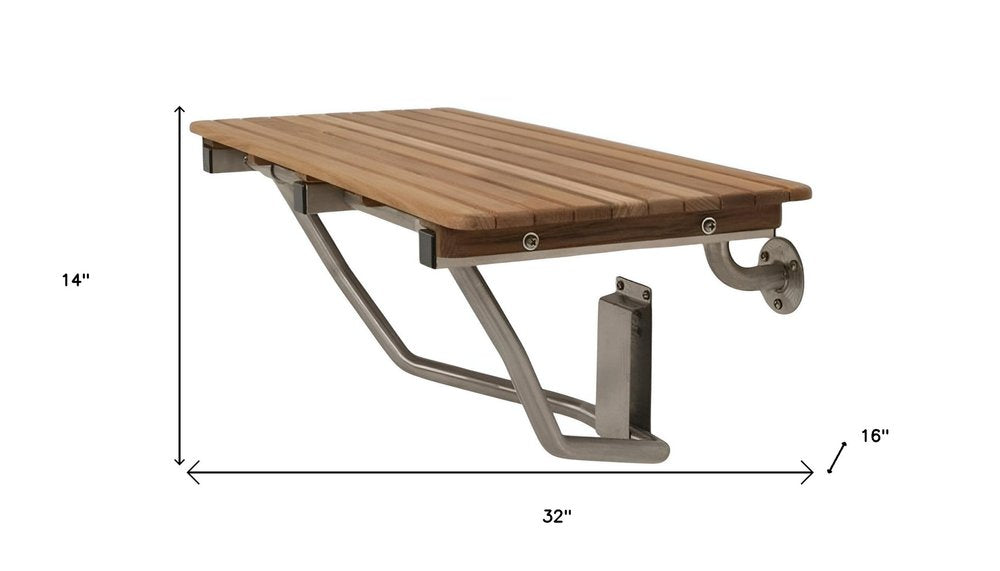 32" Premium Wall Mount Teak Shower Bench. Shower bench isolated on a plain white background, finished in brown teak.