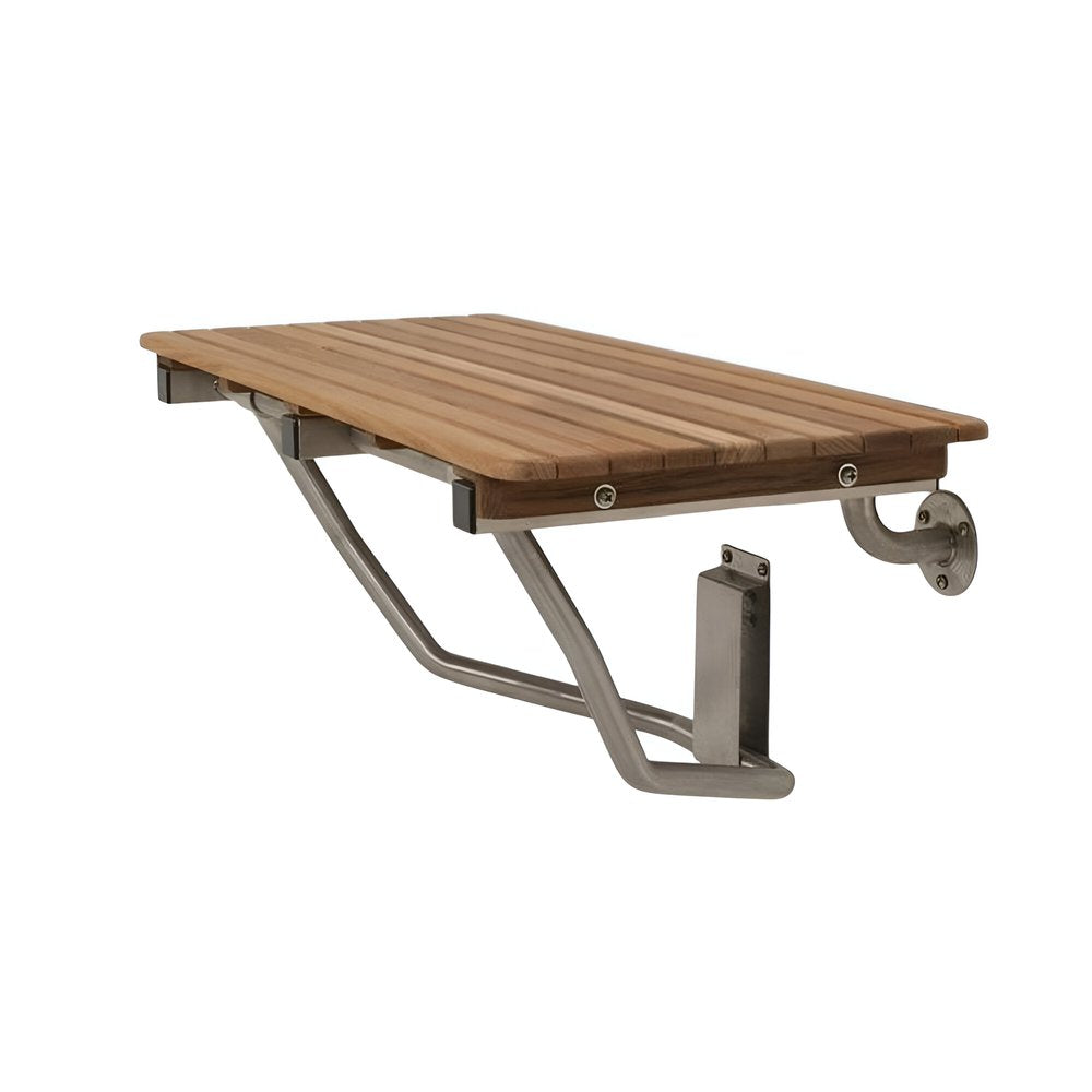 32" Premium Wall Mount Teak Shower Bench. Shower bench isolated on a plain white background, in a brown teak finish.