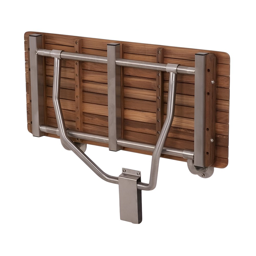 32" Premium Wall Mount Teak Shower Bench. Shower bench isolated on a plain white background, finished in brown teak.