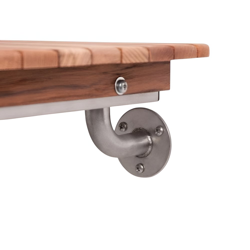 32" Premium Wall Mount Teak Shower Bench. Shower bench isolated on a plain white background, showing a brown teak surface.