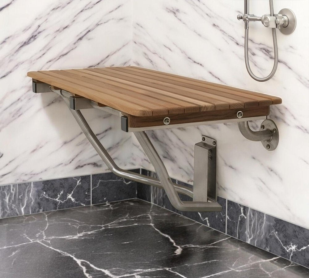32" Premium Wall Mount Teak Shower Bench close-up highlighting the teak surface.
