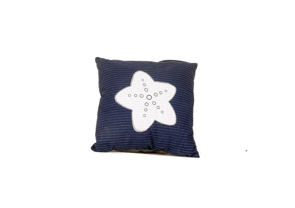 A square navy blue throw pillow with white pinstripes and a white starfish applique with small circles on a white background.