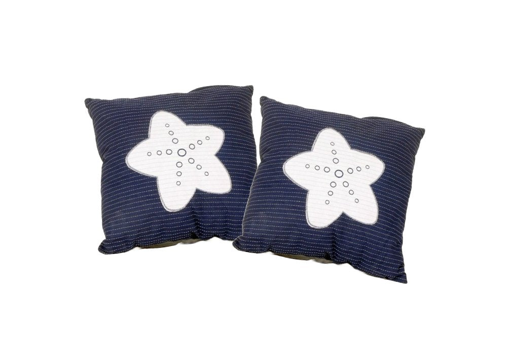 Set of Two Blue and White Starfish Throw Pillows on a white background