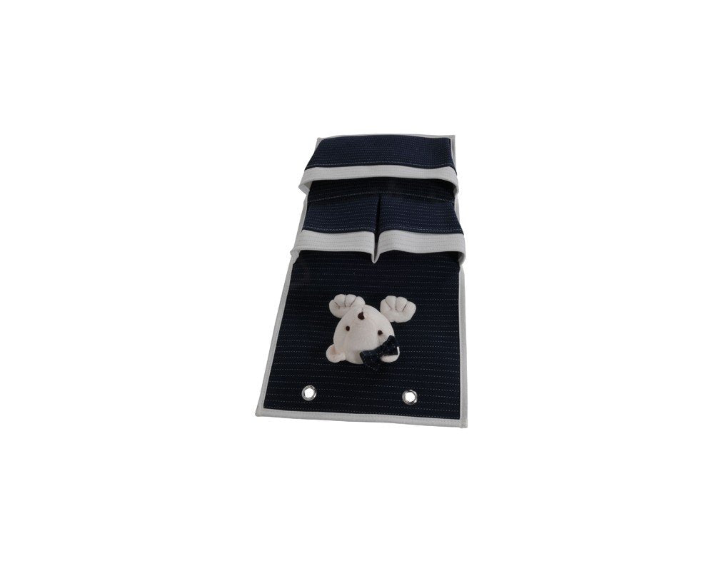 Dark blue fabric wall hanger with white trim and a white bear applique with a black bow tie, against a white background.