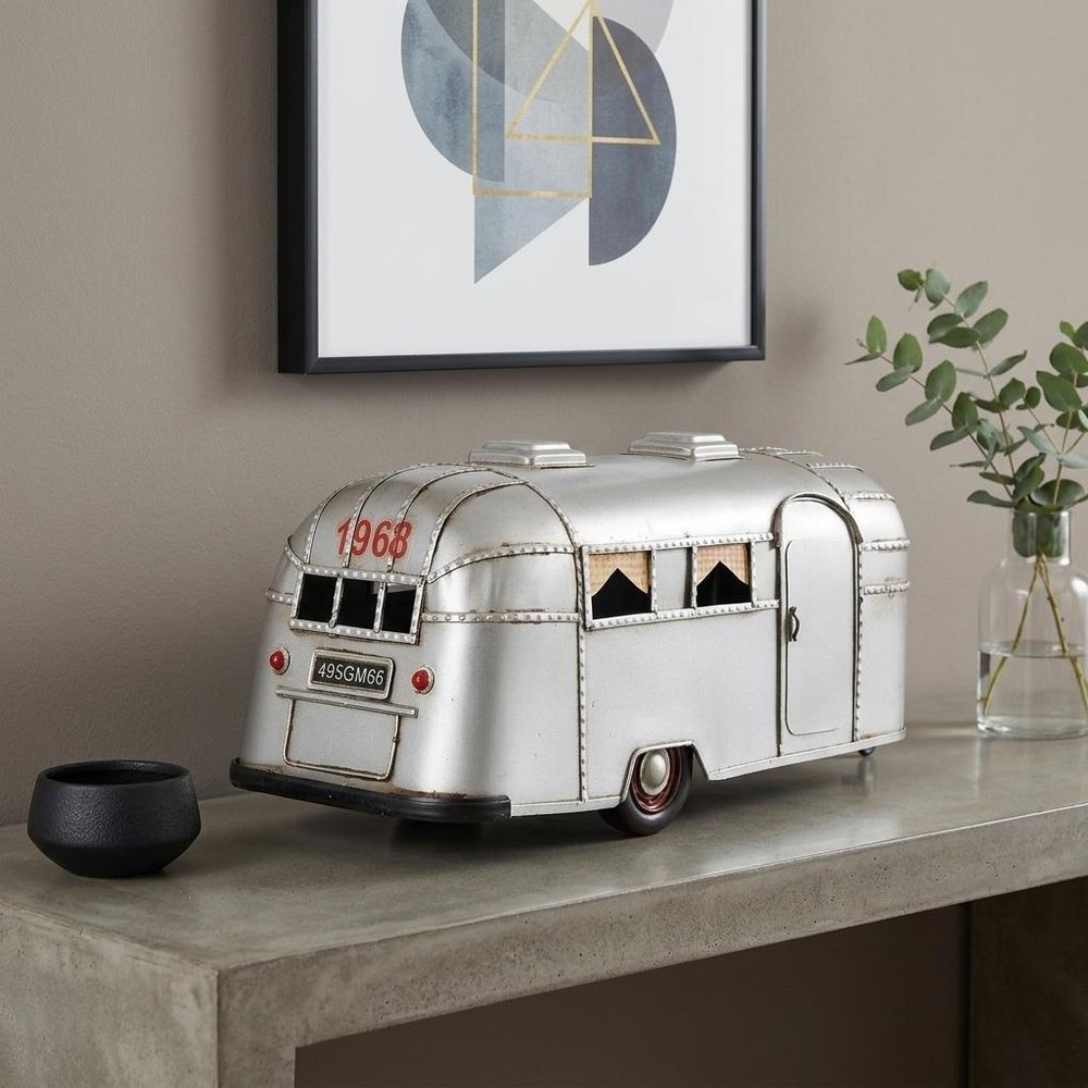 6" Silver Metal Hand Painted Silver Camping Trailer Model Car