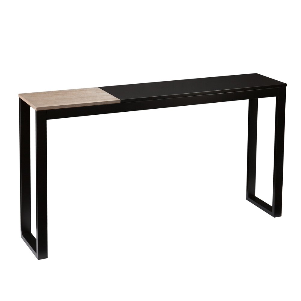 56" Natural and Black and Black Sled Console Table. Console table isolated on a plain white background, finished in black.