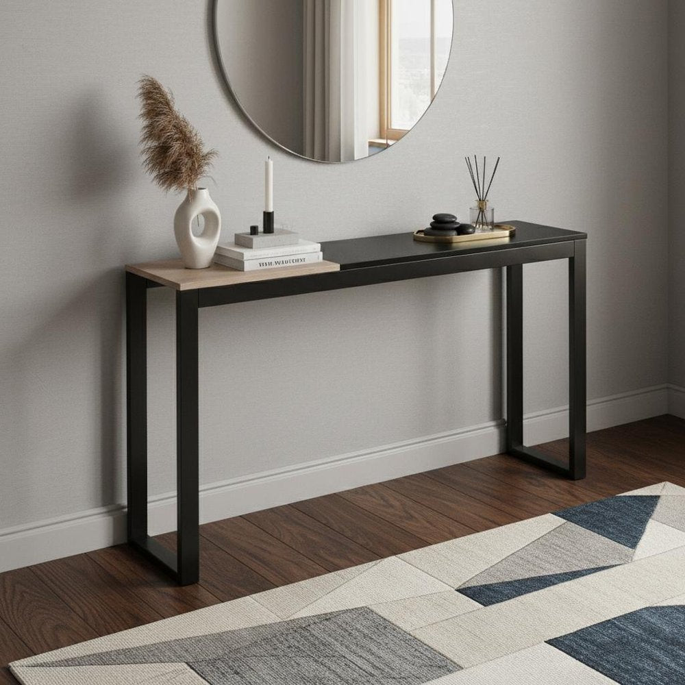 56" Natural and Black and Black Sled Console Table. Console table in black.