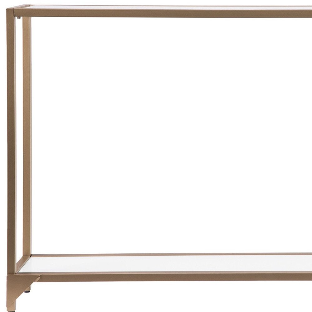 56" Clear and Gold Glass Mirrored Frame Console Table With Shelves. Console table isolated on a plain white background, finished in gold glass.