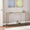 56" Clear and Gold Glass Mirrored Frame Console Table With Shelves detail shot of the gold glass finish.