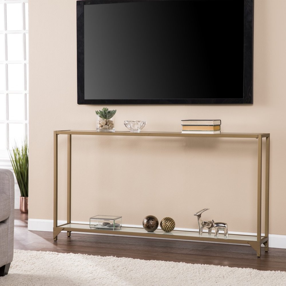 56" Clear and Gold Glass Mirrored Frame Console Table With Shelves. Console table in gold glass.