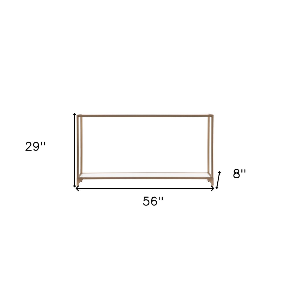 56" Clear and Gold Glass Mirrored Frame Console Table With Shelves. Console table isolated on a plain white background, in a gold glass finish.