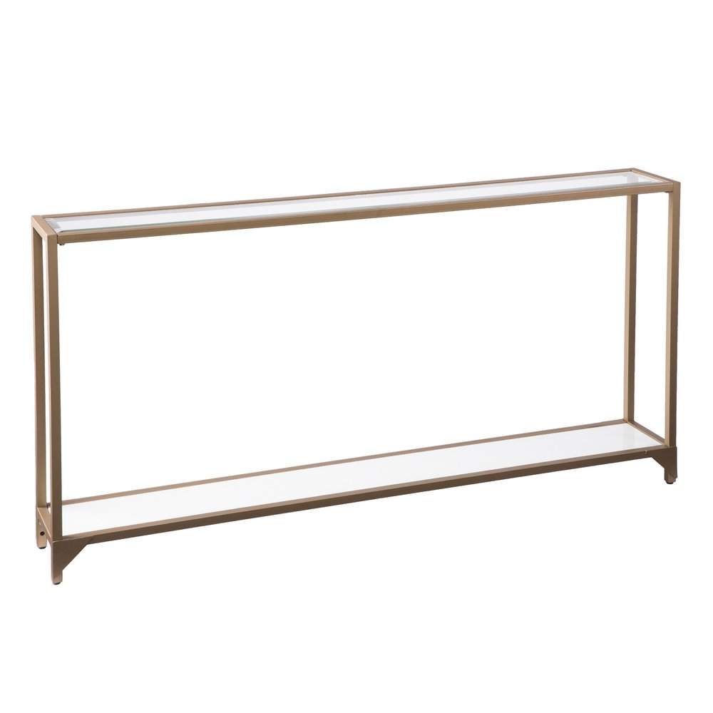 56" Clear and Gold Glass Mirrored Frame Console Table With Shelves. Console table isolated on a plain white background, in a gold glass finish.