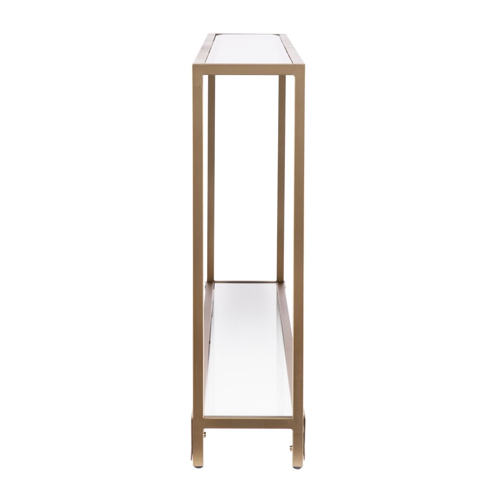 56" Clear and Gold Glass Mirrored Frame Console Table With Shelves. Console table isolated on a plain white background, finished in gold glass.