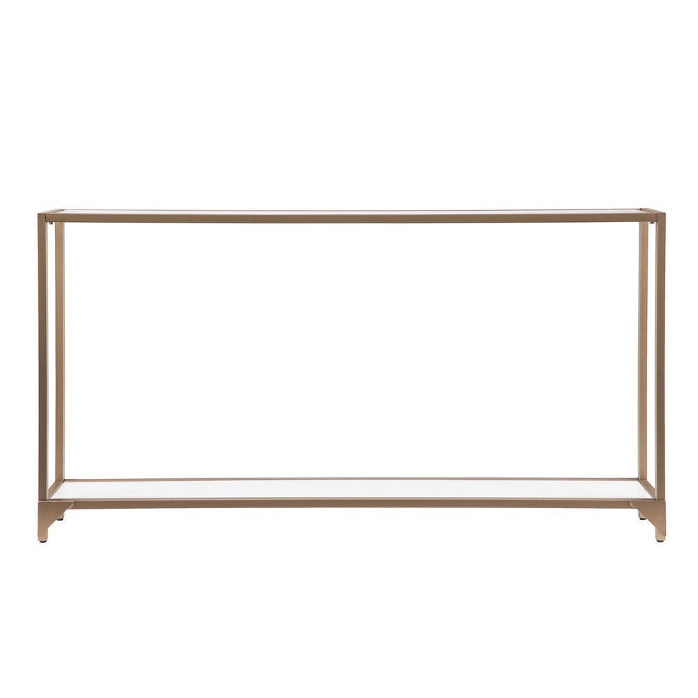 56" Clear and Gold Glass Mirrored Frame Console Table With Shelves. Console table isolated on a plain white background, showing a gold glass surface.