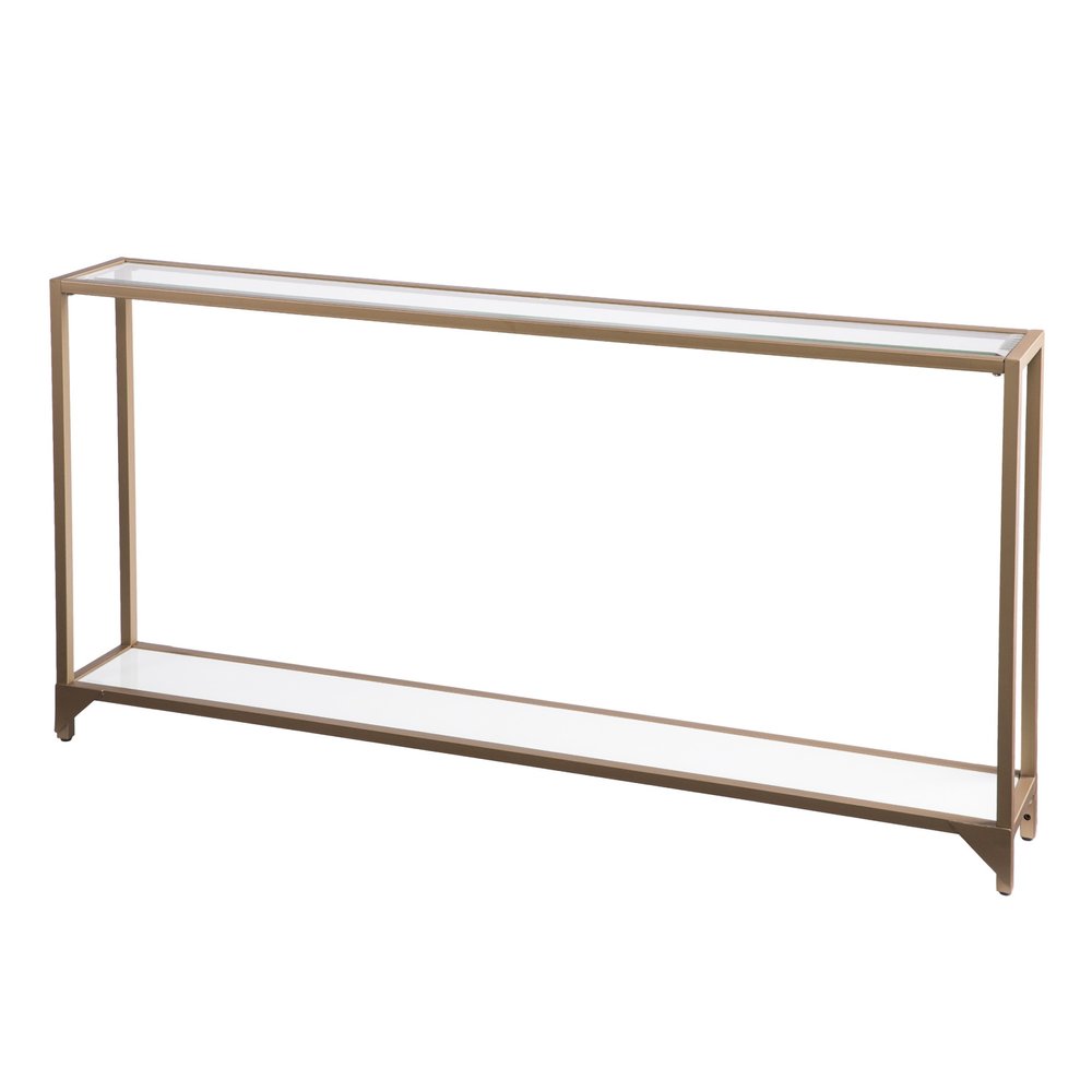 56" Clear and Gold Glass Mirrored Frame Console Table With Shelves. Console table isolated on a plain white background, finished in gold glass.