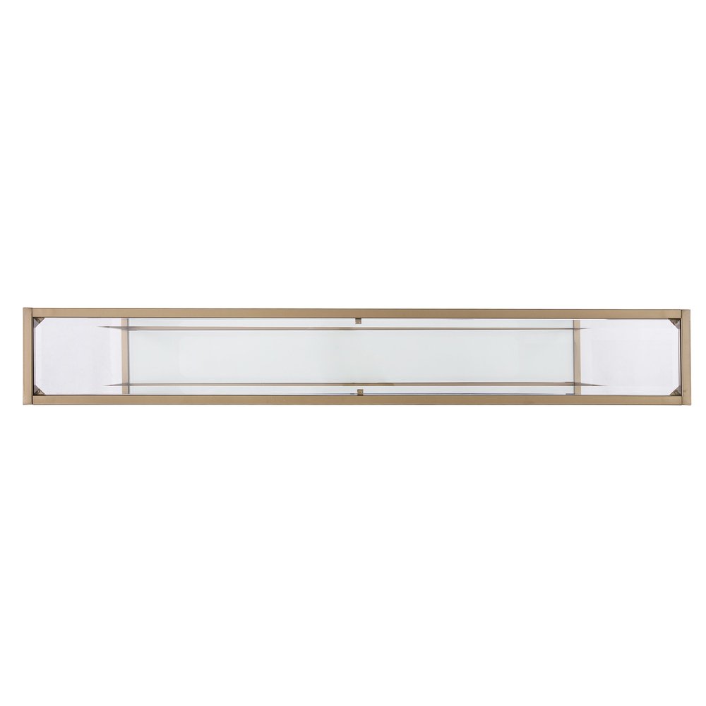 56" Clear and Gold Glass Mirrored Frame Console Table With Shelves. Console table isolated on a plain white background, showing a gold glass surface.