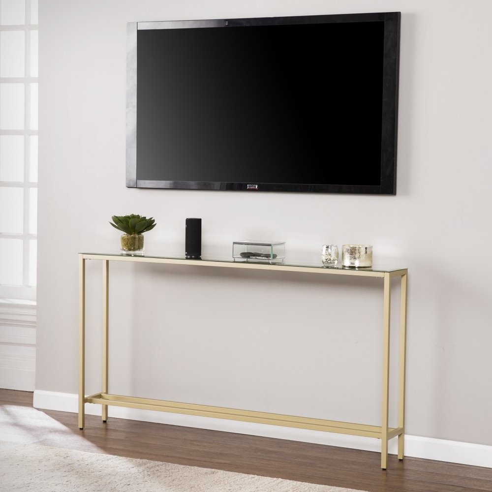 56" Silver and Gold Mirrored Glass Console Table. Console table isolated on a plain white background, in a silver glass finish.