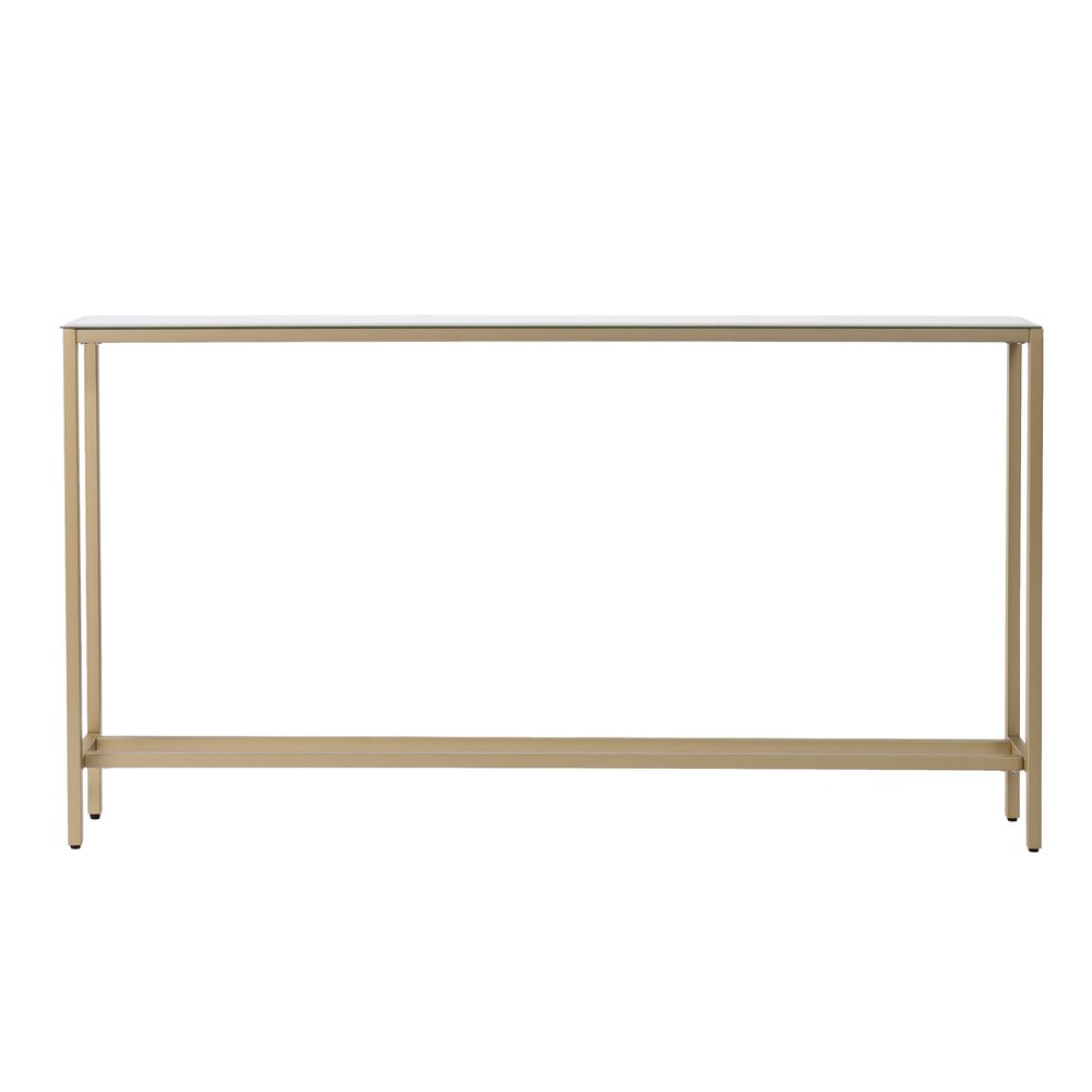 56" Silver and Gold Mirrored Glass Console Table. Console table isolated on a plain white background, finished in gold glass.