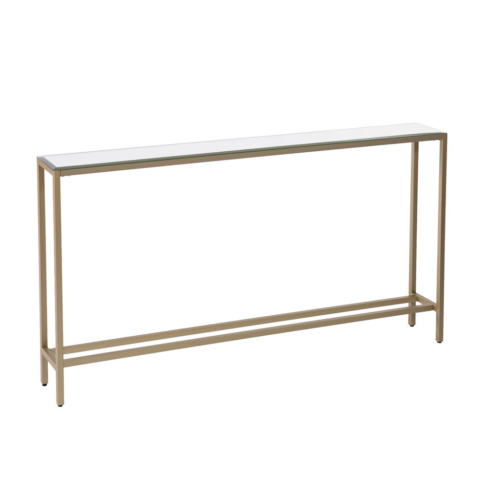 56" Silver and Gold Mirrored Glass Console Table. Console table isolated on a plain white background, in a gold glass finish.