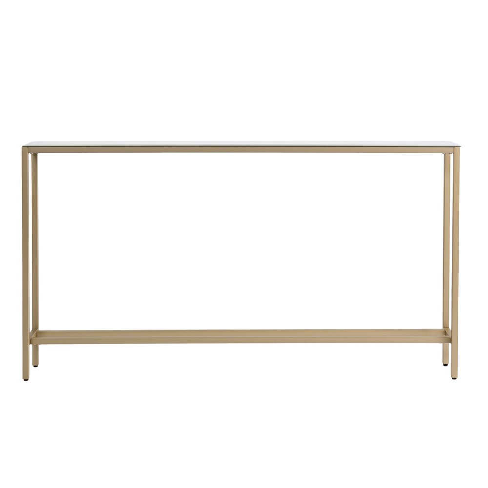 56" Silver and Gold Mirrored Glass Console Table. Console table isolated on a plain white background, in a gold glass finish.