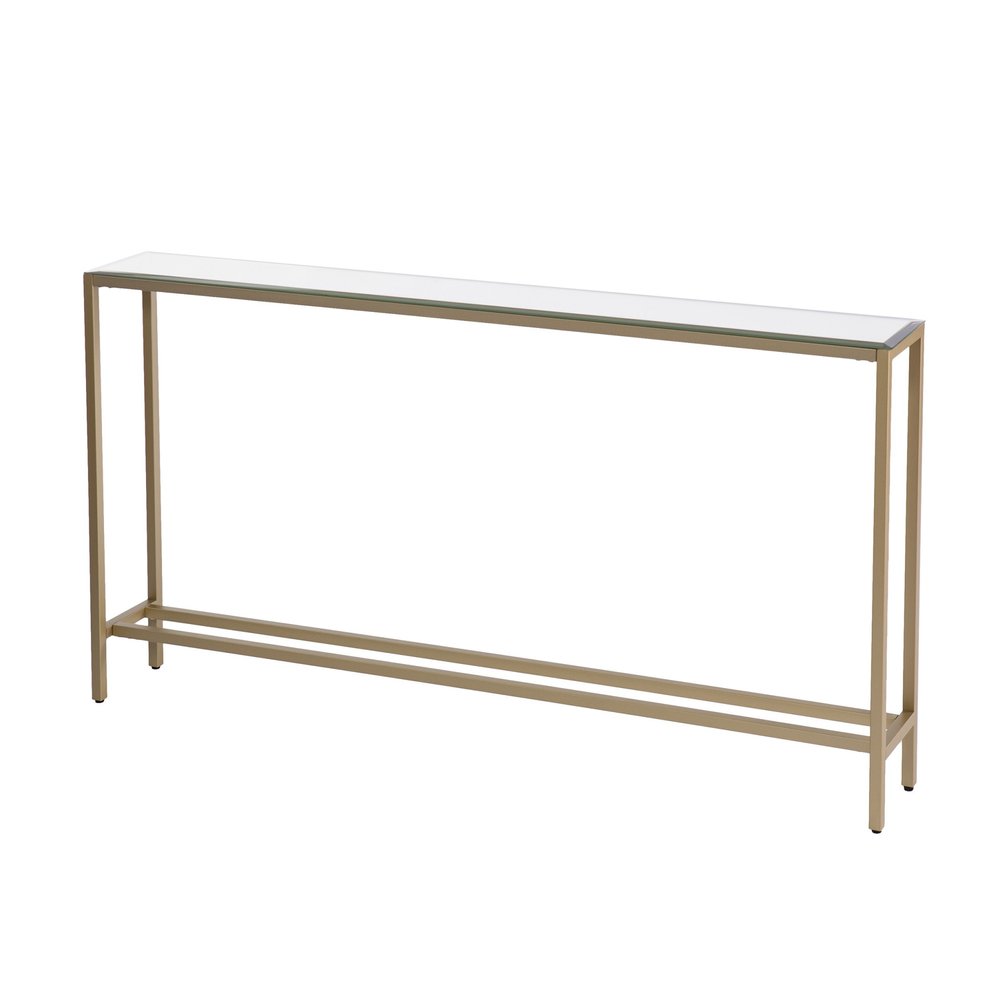 56" Silver and Gold Mirrored Glass Console Table. Console table isolated on a plain white background, showing a gold glass surface.