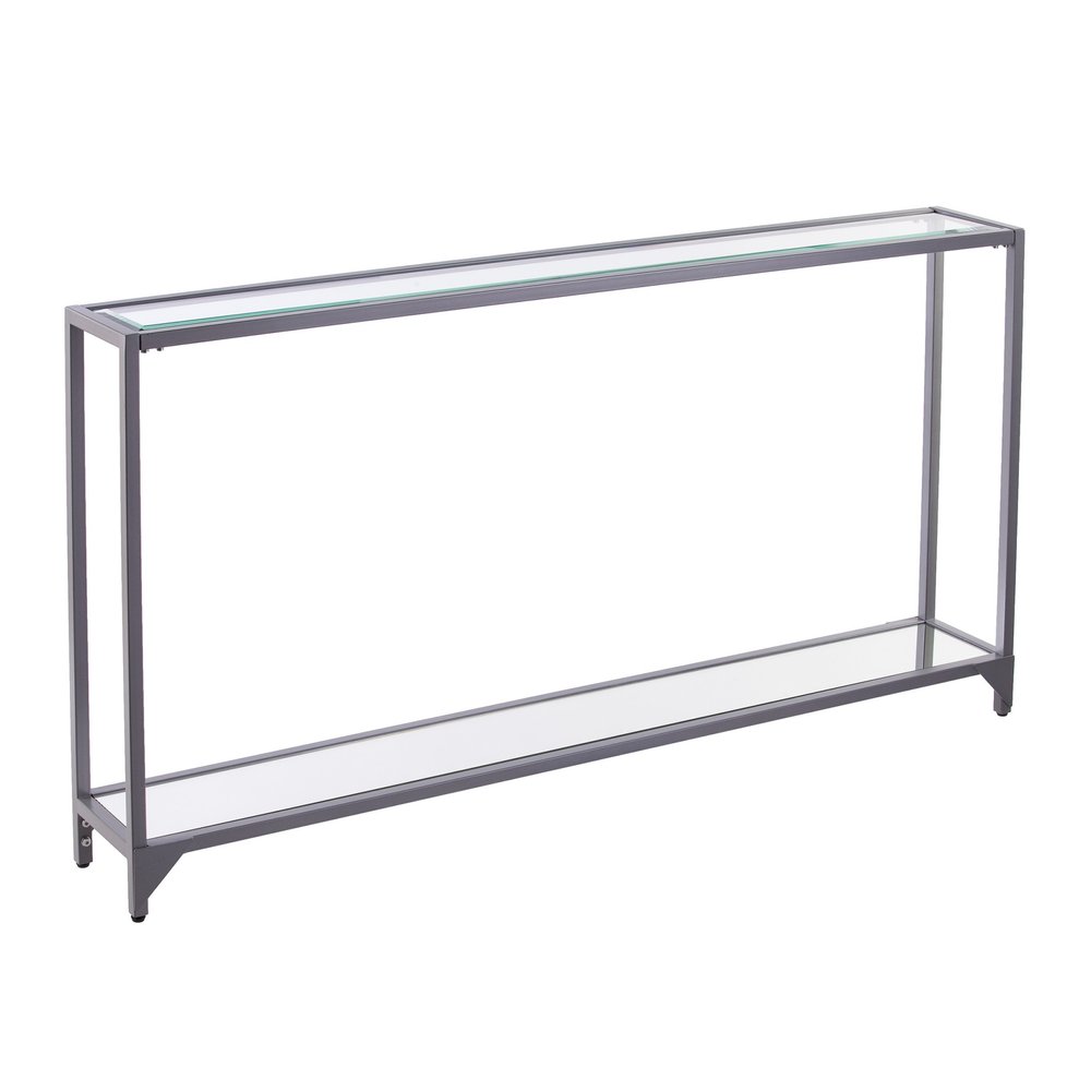 56" Clear and Silver Glass Mirrored Floor Shelf Console Table With Storage. Console table isolated on a plain white background, in a silver glass finish.