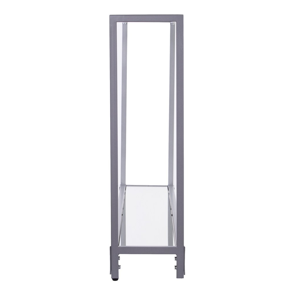 56" Clear and Silver Glass Mirrored Floor Shelf Console Table With Storage. Console table isolated on a plain white background, finished in silver glass.