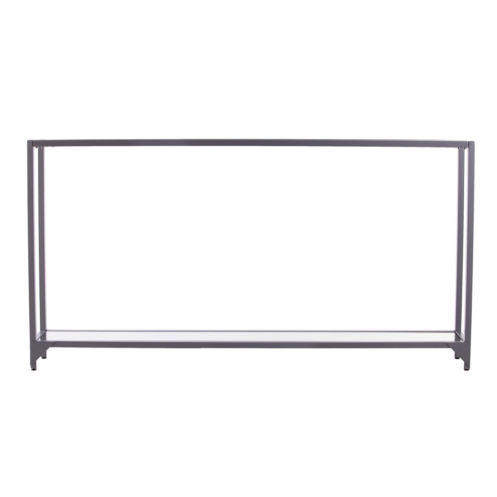 56" Clear and Silver Glass Mirrored Floor Shelf Console Table With Storage. Console table isolated on a plain white background, showing a silver glass surface.