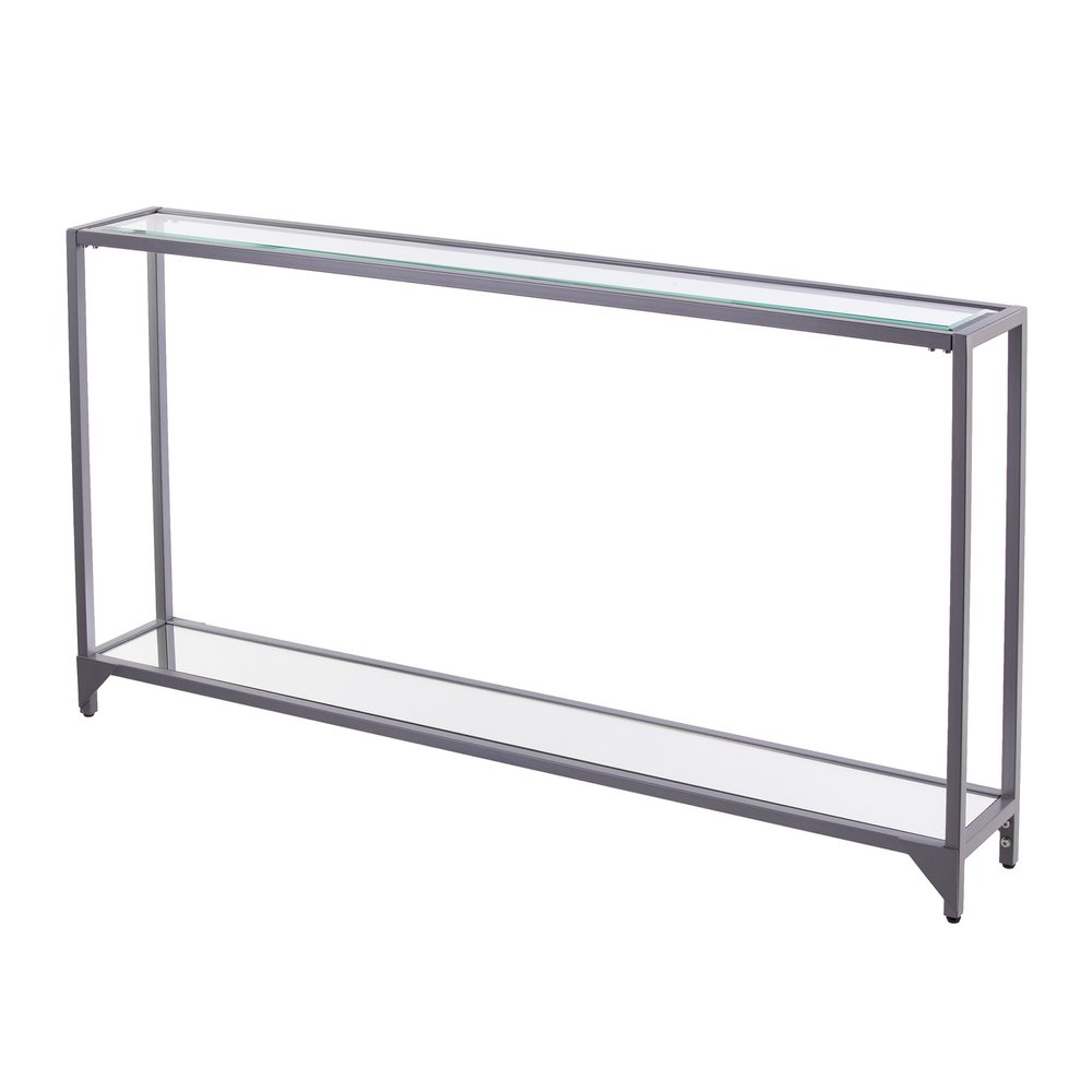 56" Clear and Silver Glass Mirrored Floor Shelf Console Table With Storage. Console table isolated on a plain white background, finished in silver glass.
