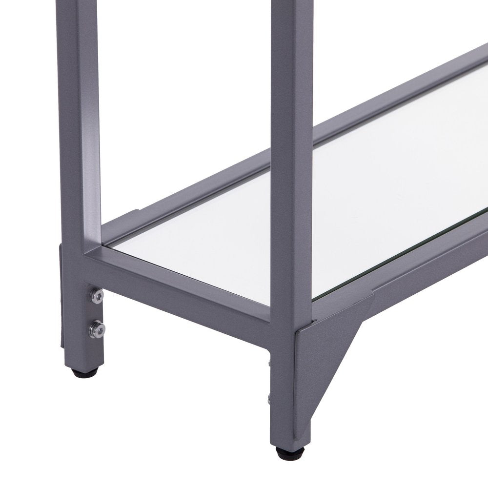 56" Clear and Silver Glass Mirrored Floor Shelf Console Table With Storage. Console table isolated on a plain white background, in a silver glass finish.
